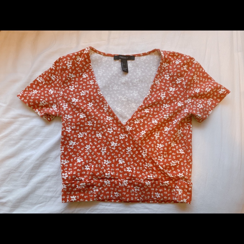 Forever 21 Orange Floral Crop Top Baby Tee